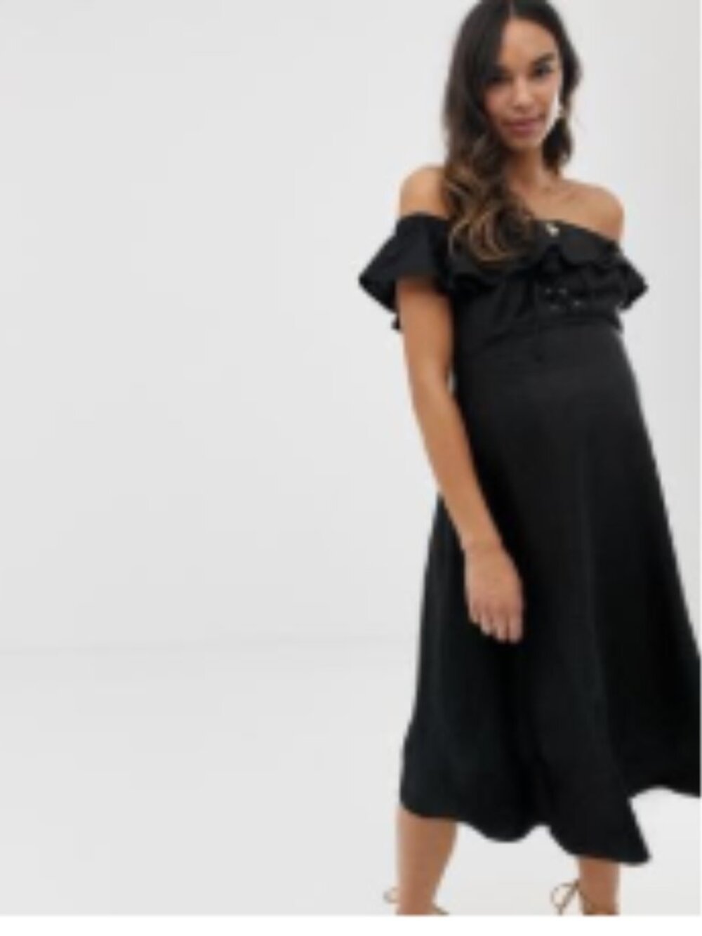 ASOS DESIGN Maternity Linen Bardot Midi Dress Black Size 10 Off Shoulder